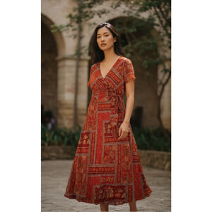 Anthropologie Style Boho Patchwork Wrap Maxi Dress Red Size 10 Lined